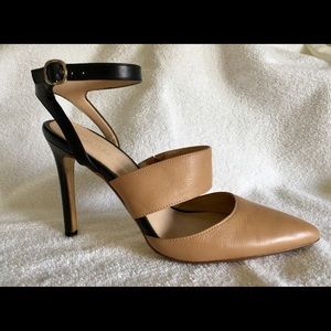 Black and beige sling back shoes.